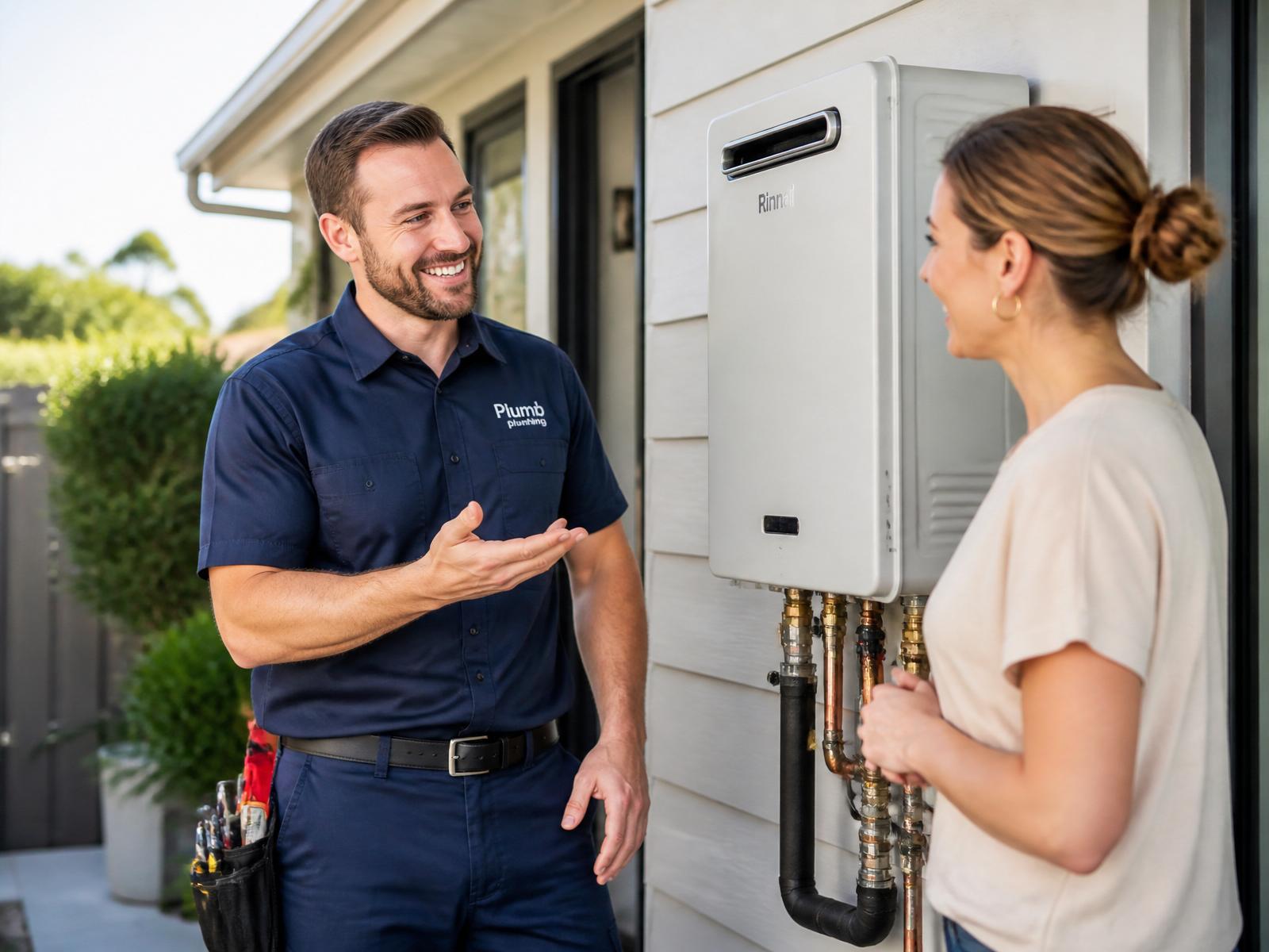 Perth hot water plumber talking with a homeowner beside a newly installed continuous flow unit