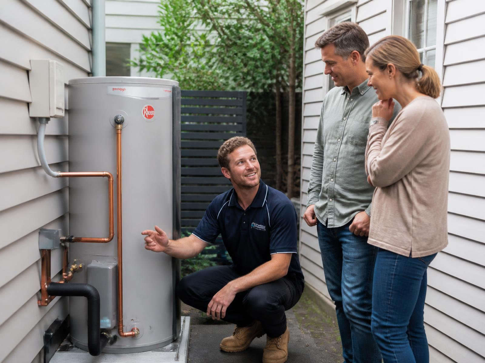 Perth plumber explaining a newly installed hot water system to homeowners